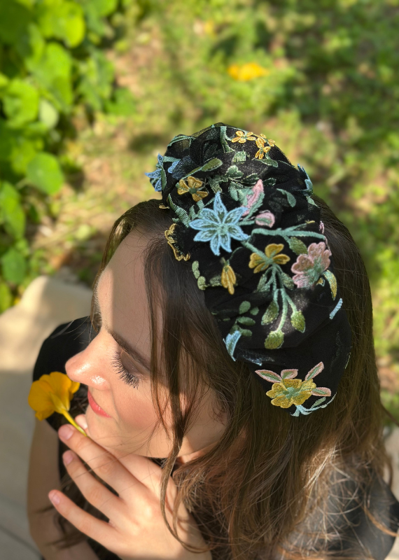 Wide Viola Headband, Floral Black