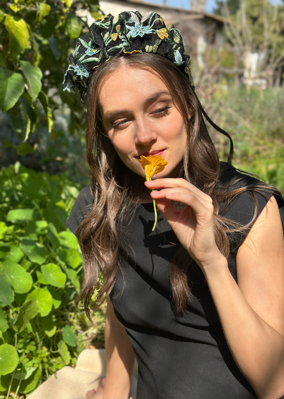 Wide Viola Headband, Floral Black