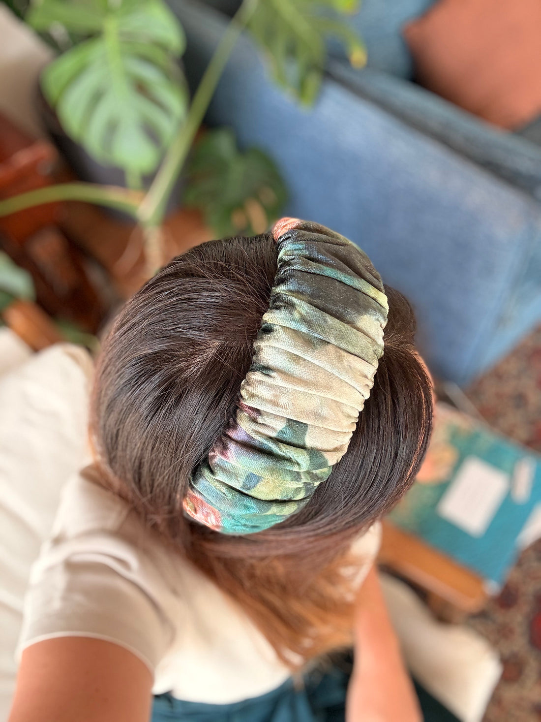 Mila Narrow Velvet Headband, Green Tones