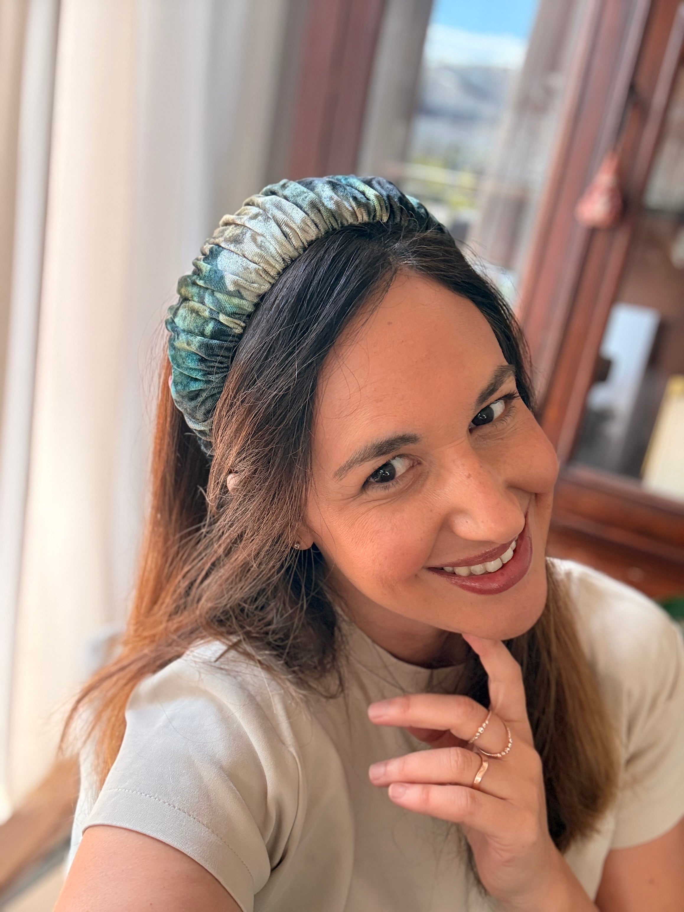 Mila Narrow Velvet Headband, Green Tones