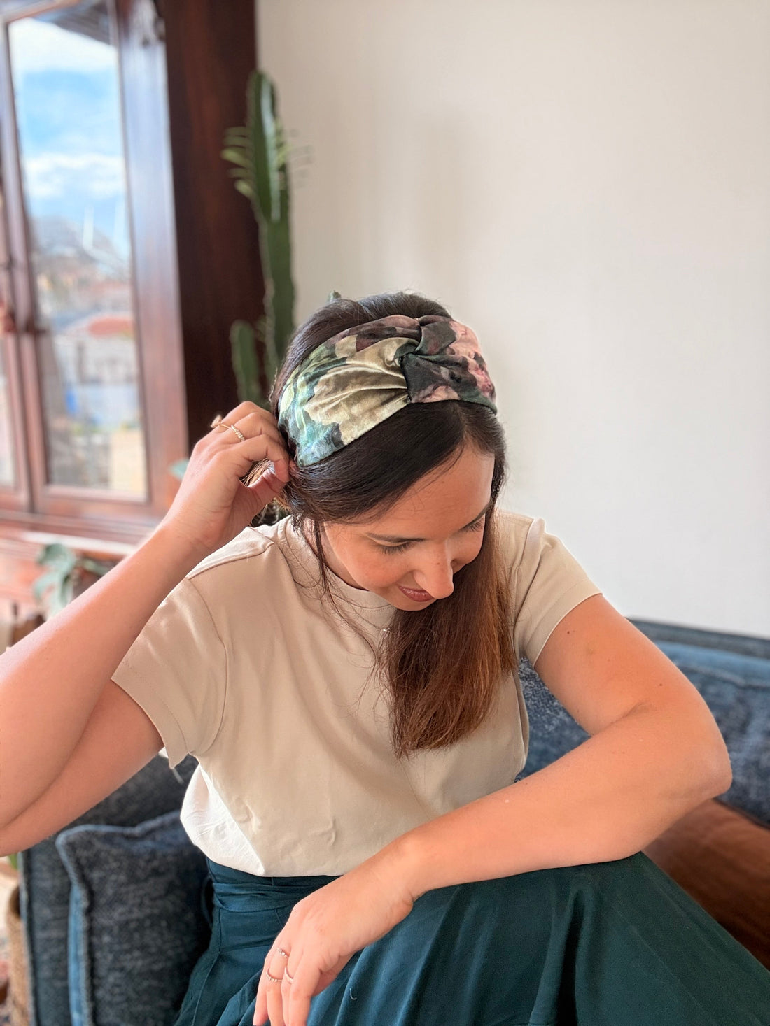 Zoe Velvet Headband, Green Tones