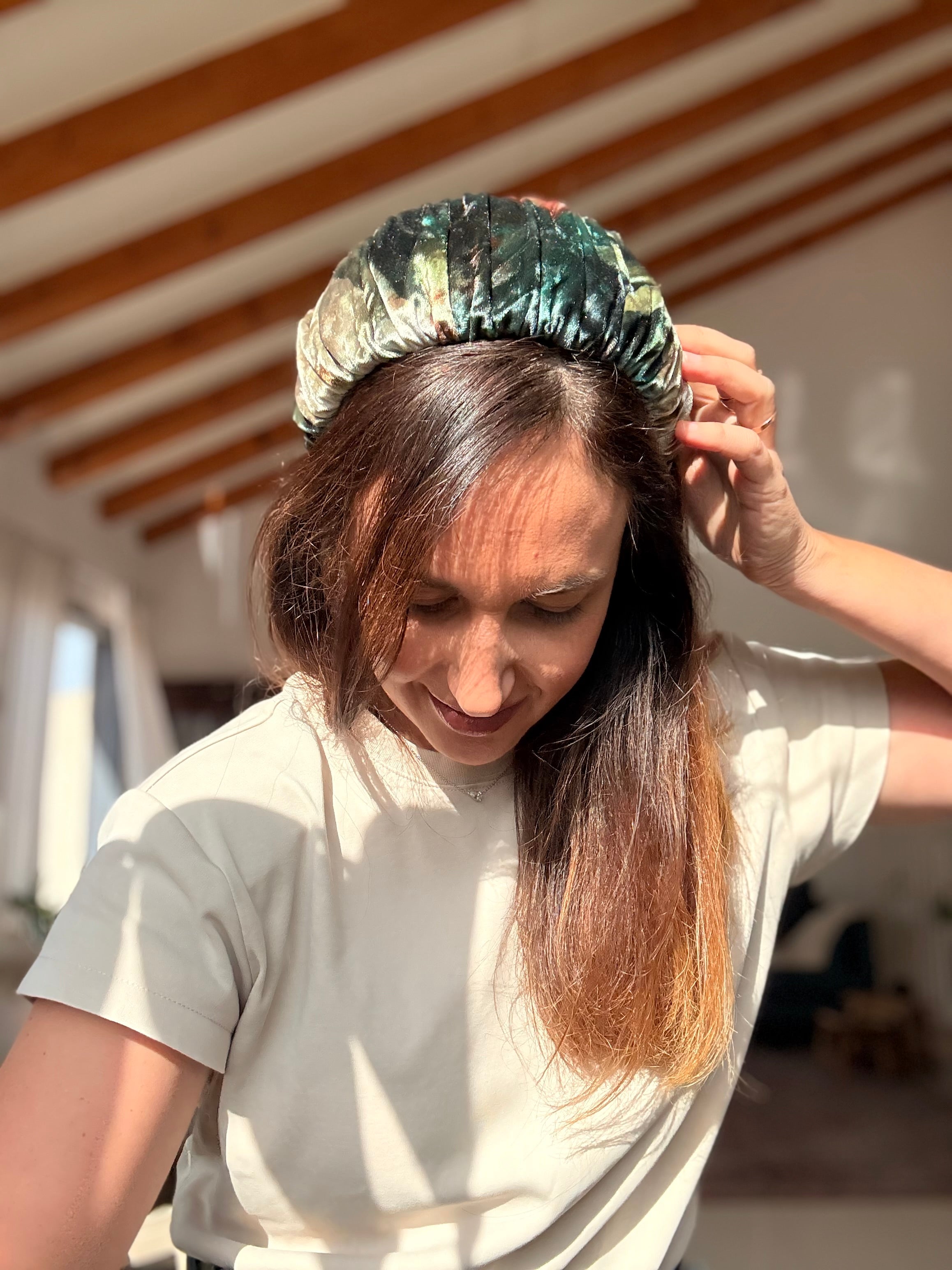 Mila Medium Velvet Headband, Green Tones