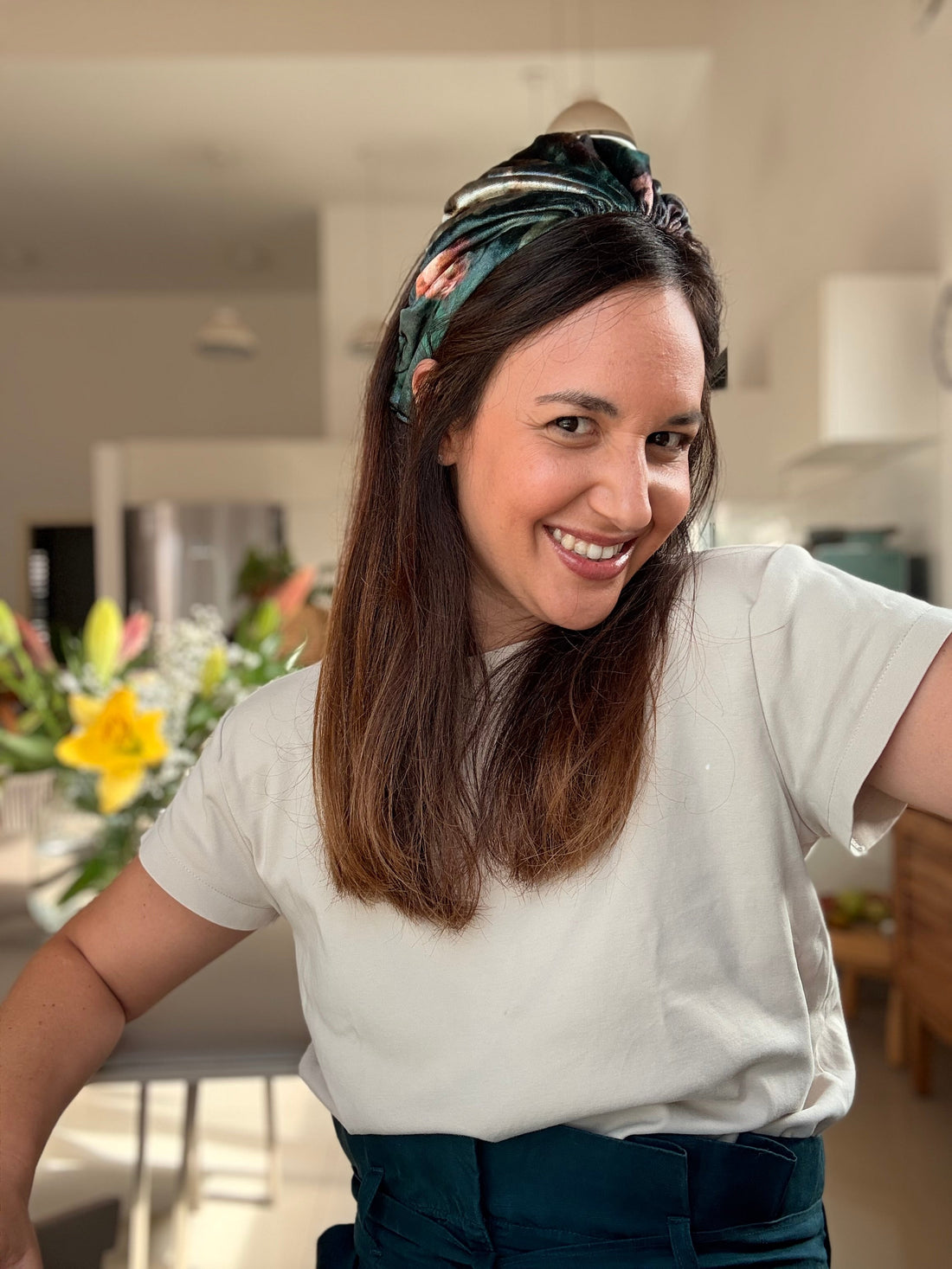 Celine Velvet Tie Headband, Green Tones