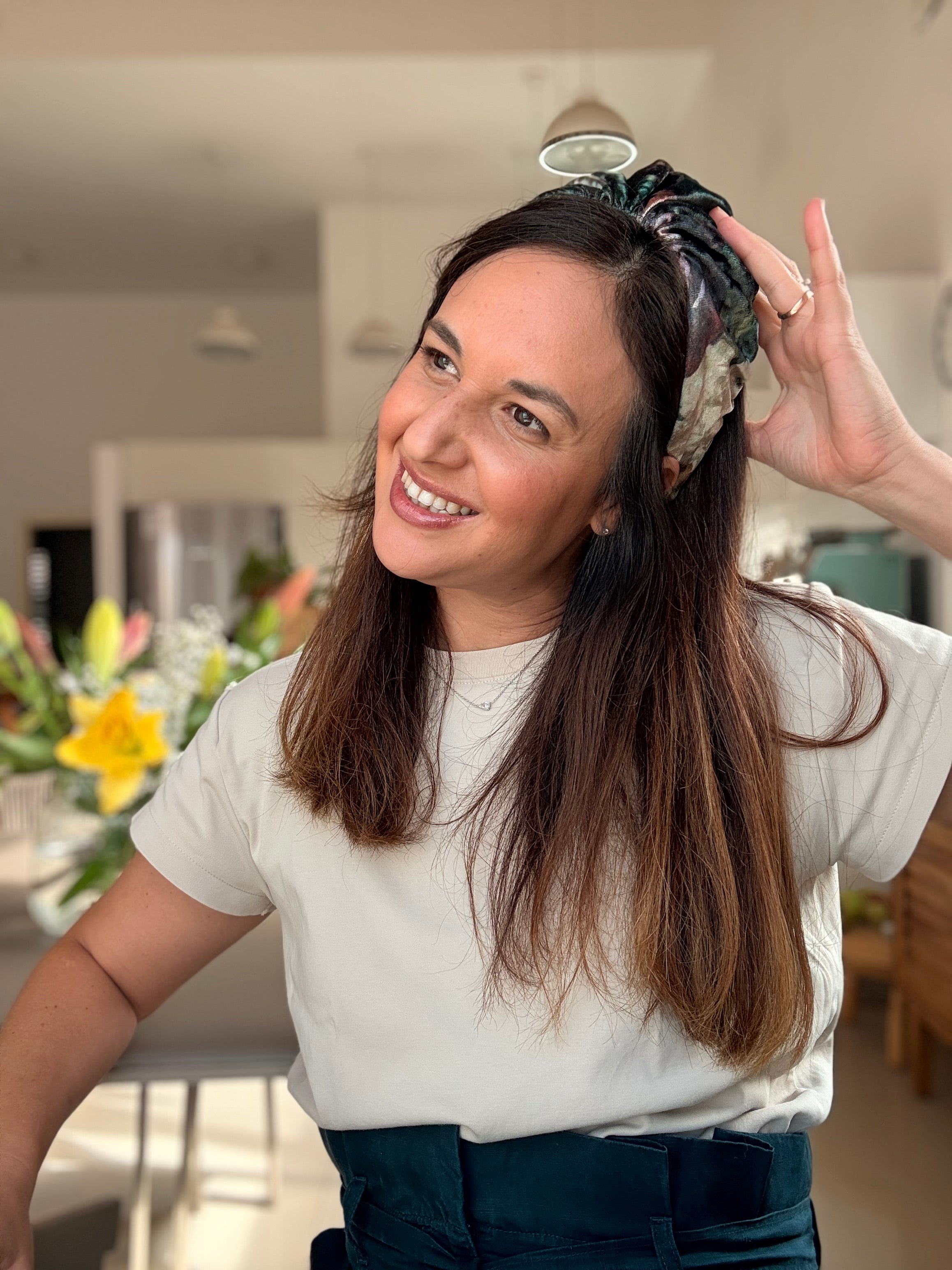 Celine Medium Velvet Headband, Green Tones