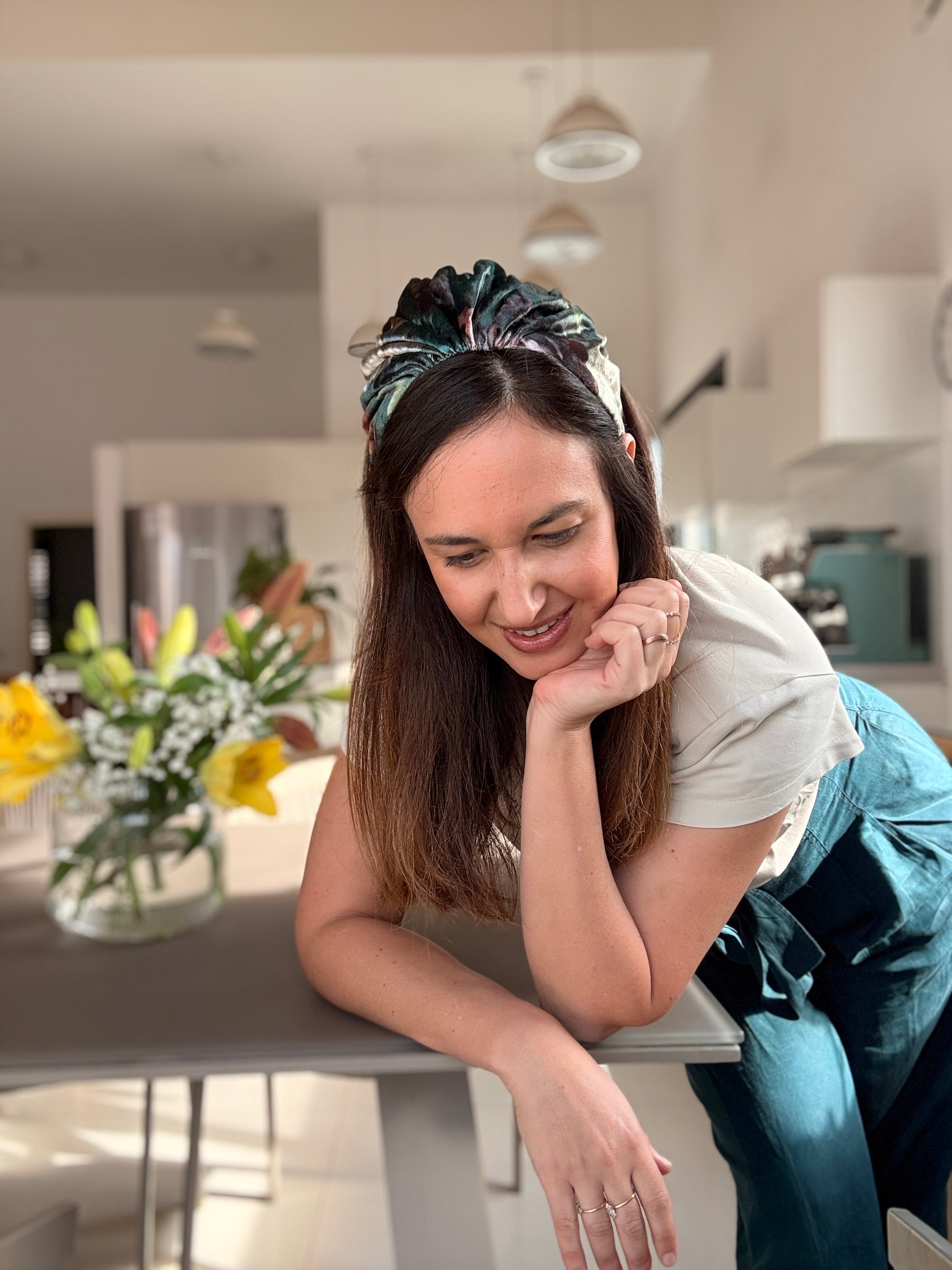 Celine Medium Velvet Headband, Green Tones