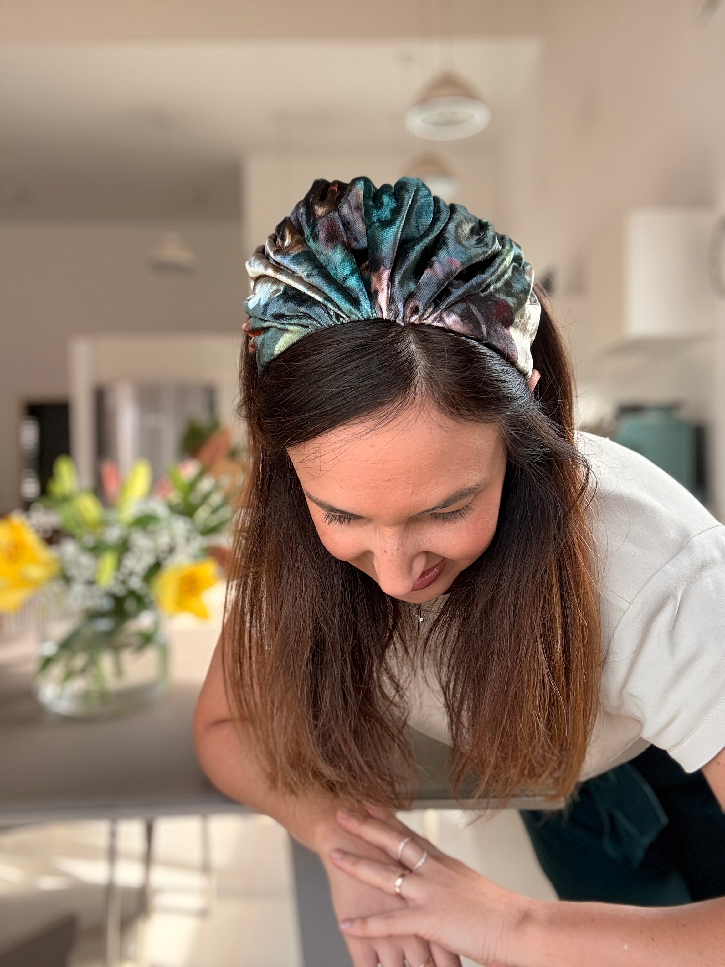 Celine Medium Velvet Headband, Green Tones