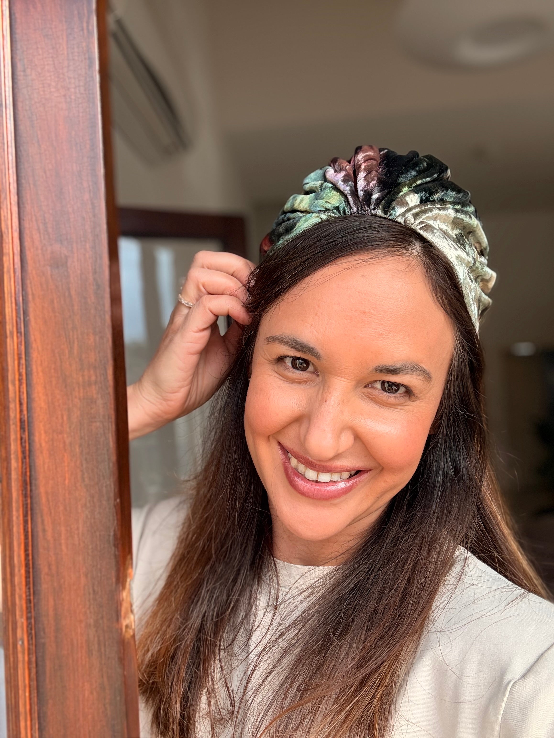 Celine Wide Velvet Headband, Green Tones