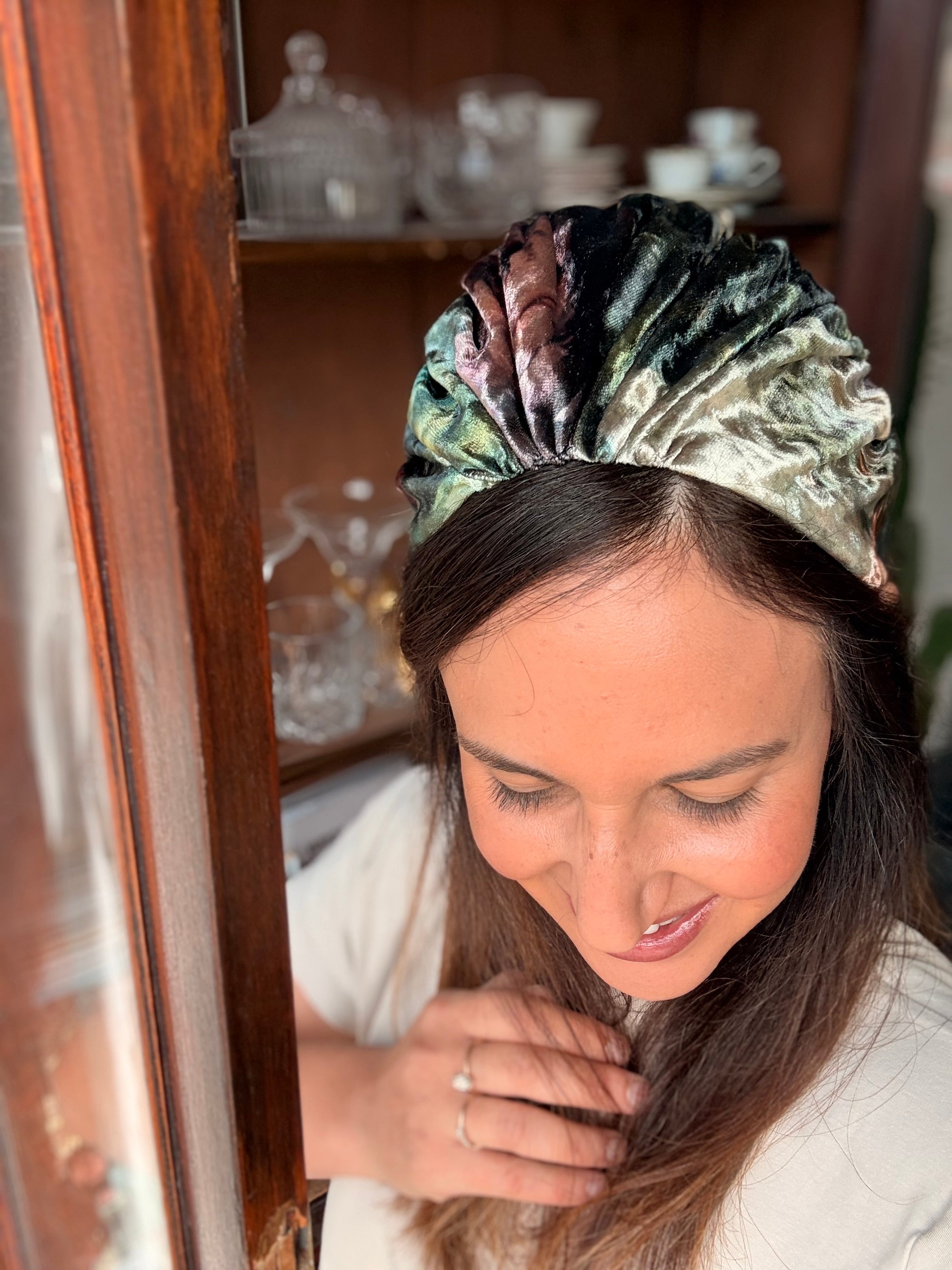 Celine Wide Velvet Headband, Green Tones