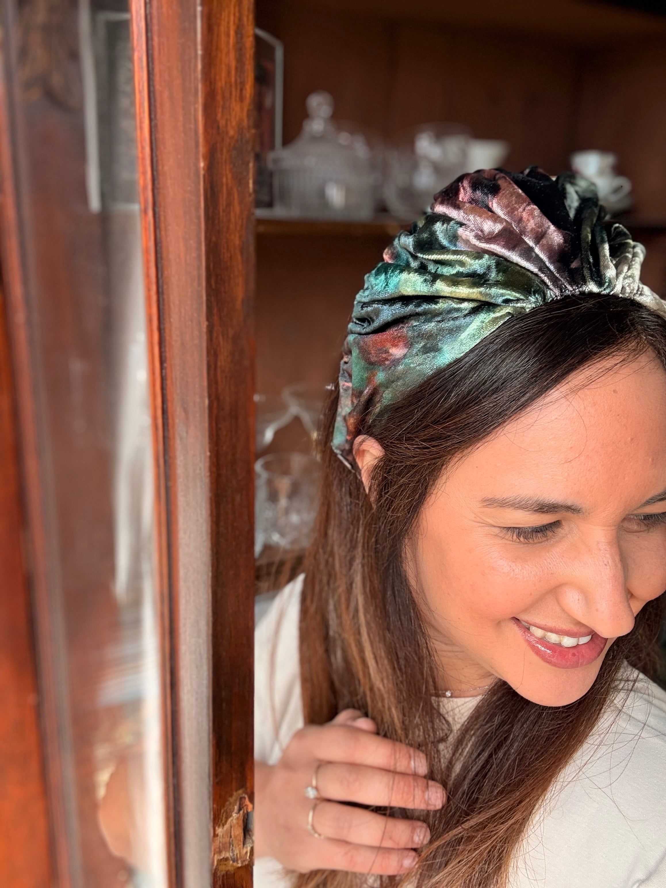 Celine Wide Velvet Headband, Green Tones