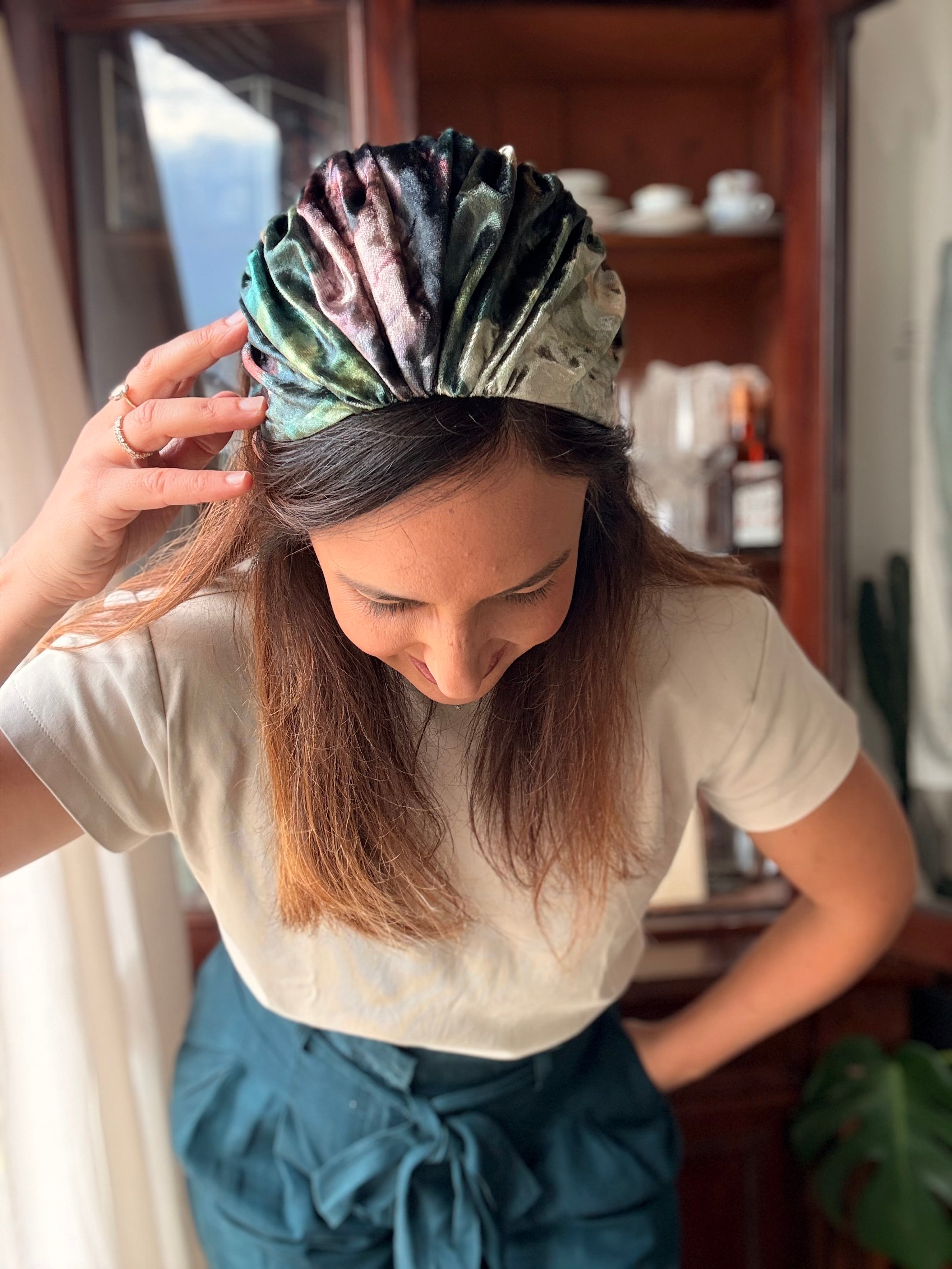 Celine Wide Velvet Headband, Green Tones