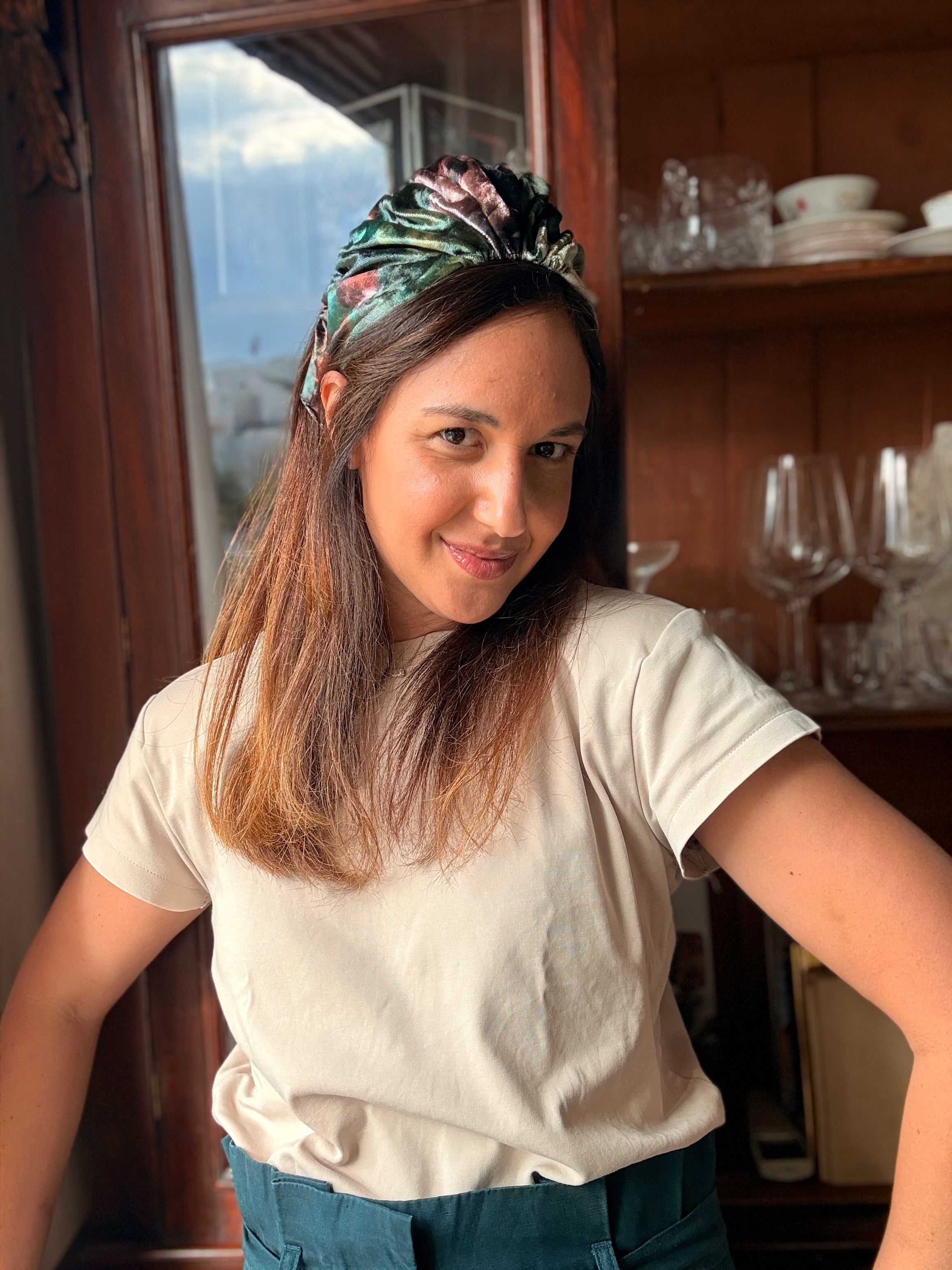 Celine Wide Velvet Headband, Green Tones