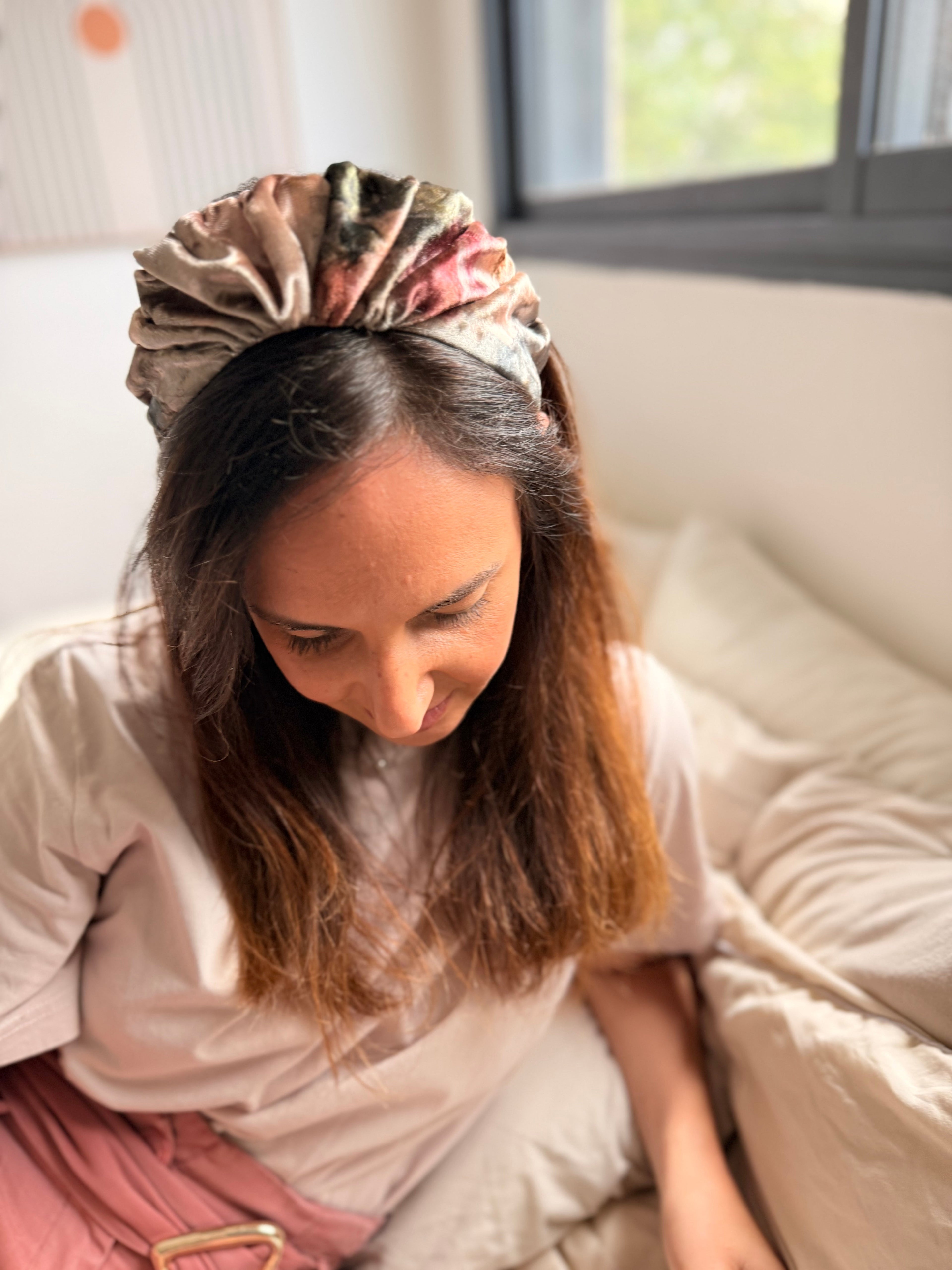 Celine Narrow Velvet Headband, Pink Tones