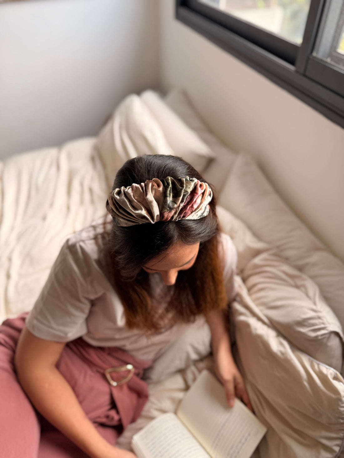 Celine Narrow Velvet Headband, Pink Tones