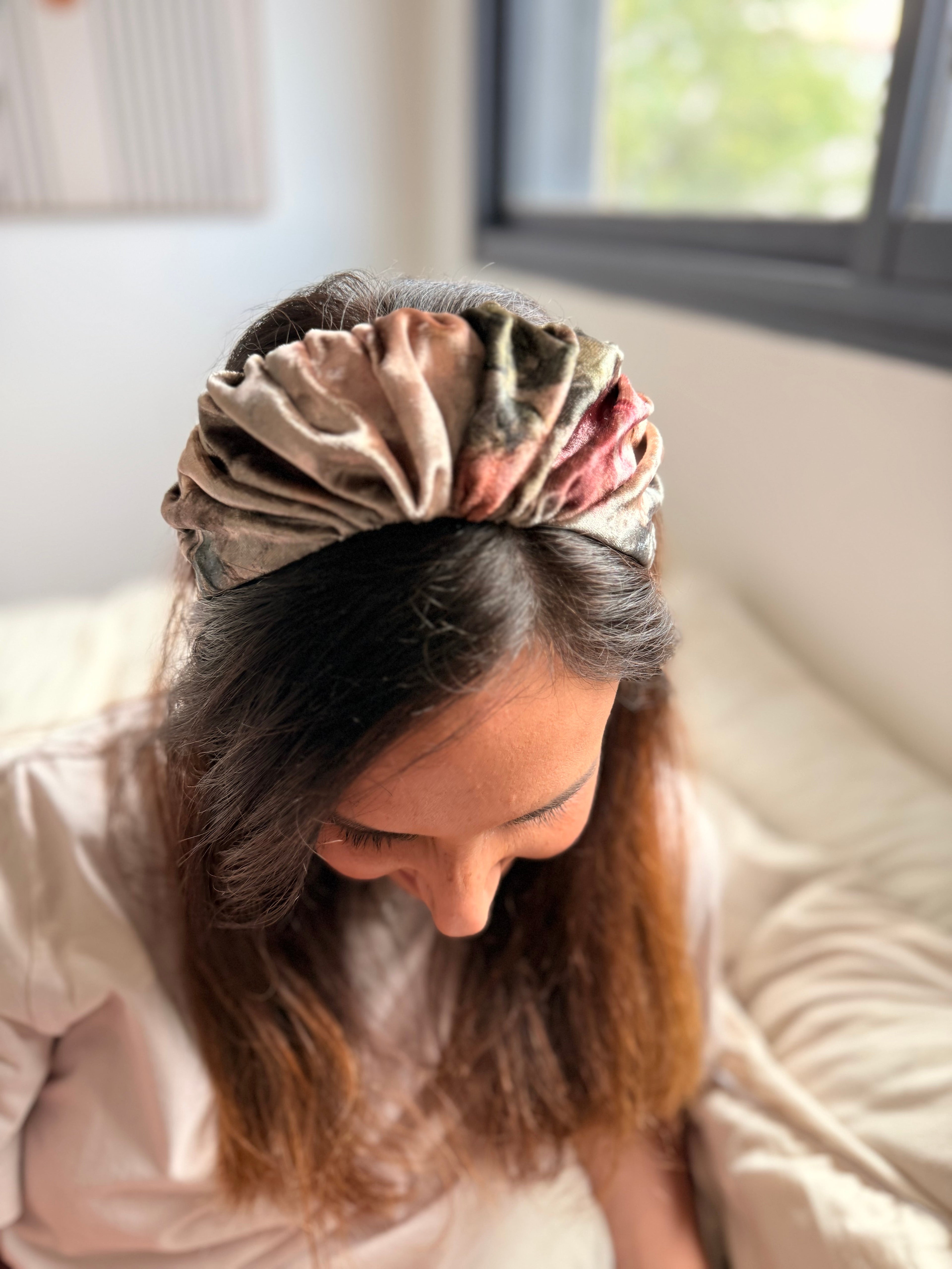 Celine Narrow Velvet Headband, Pink Tones