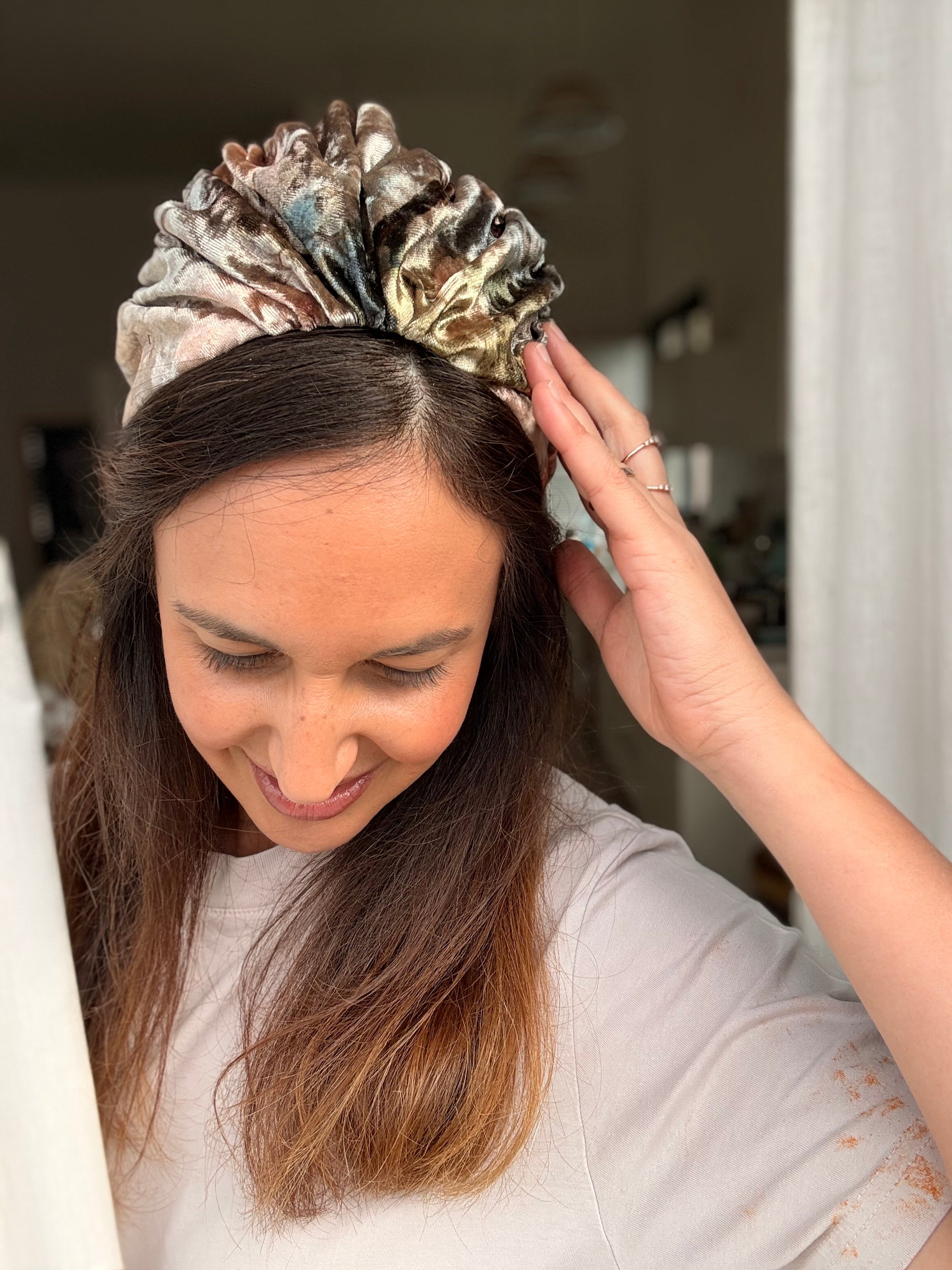 Celine Velvet Tie Headband, Pink Tones