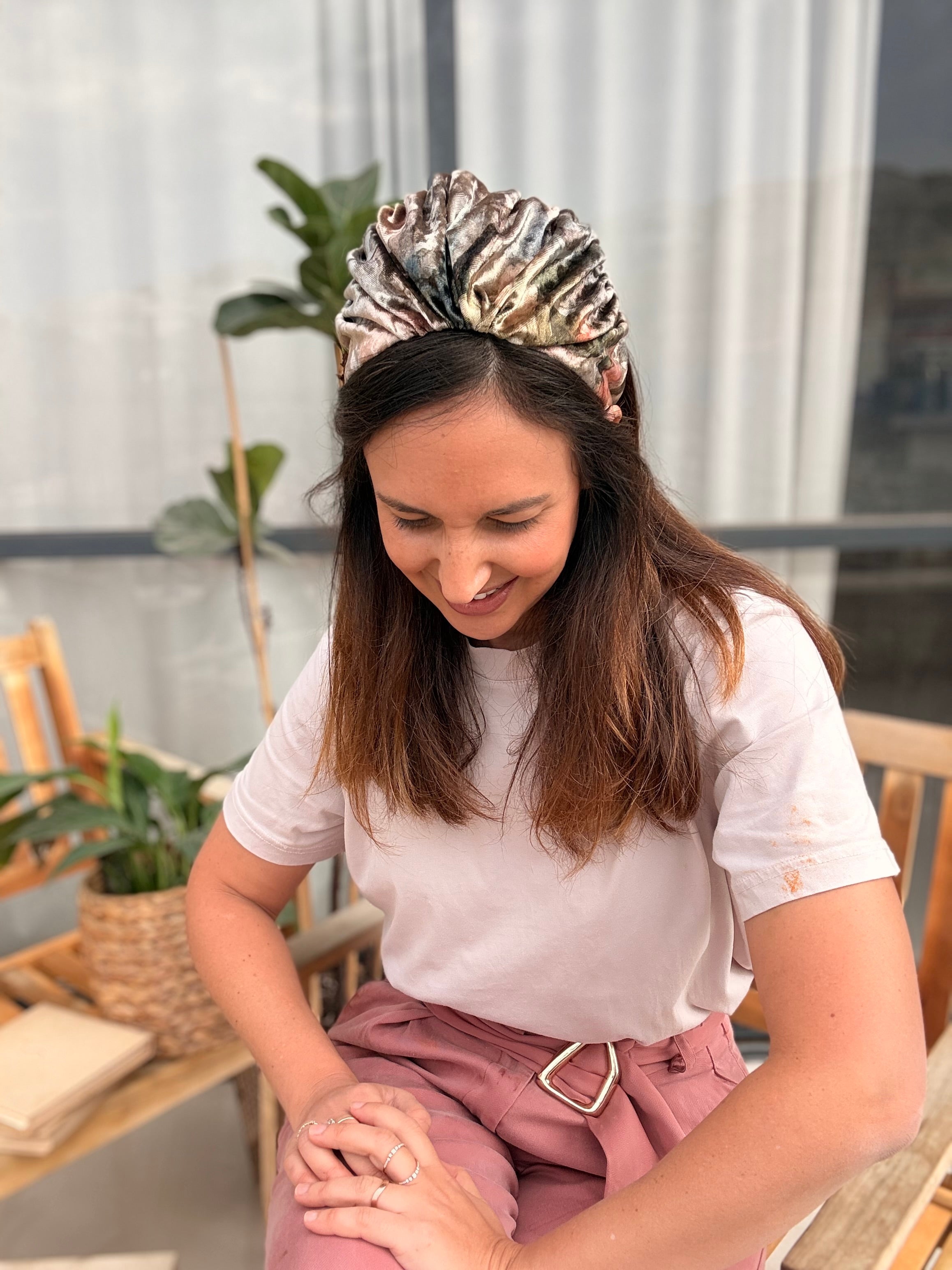 Celine Velvet Tie Headband, Pink Tones