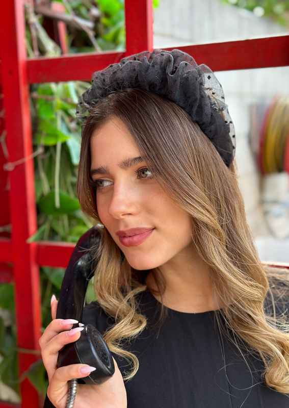Renee Headband, Black Embroidered Dots