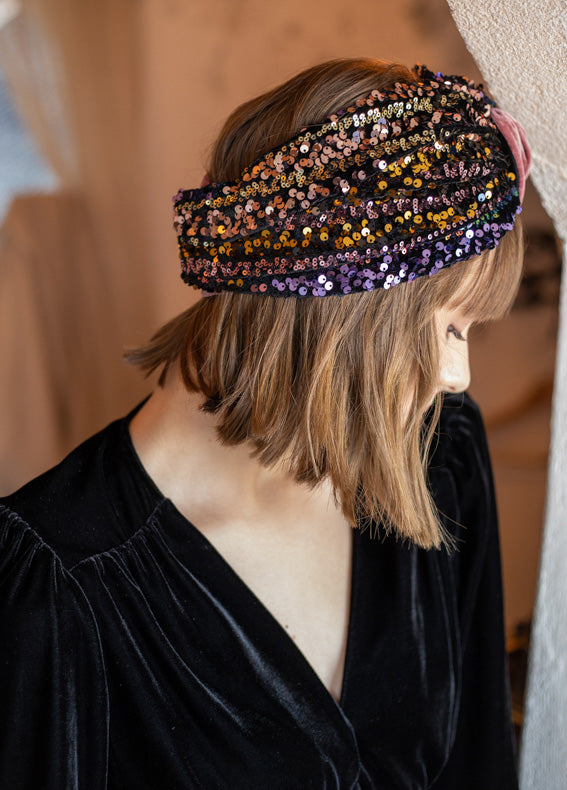 Wide Velcro Lotus Headband, Pink & Black Sequins