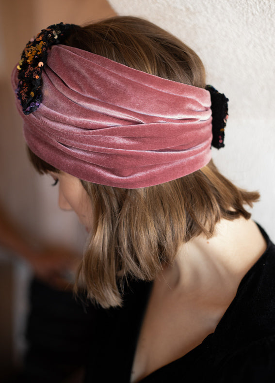 Wide Velcro Lotus Headband, Pink & Black Sequins