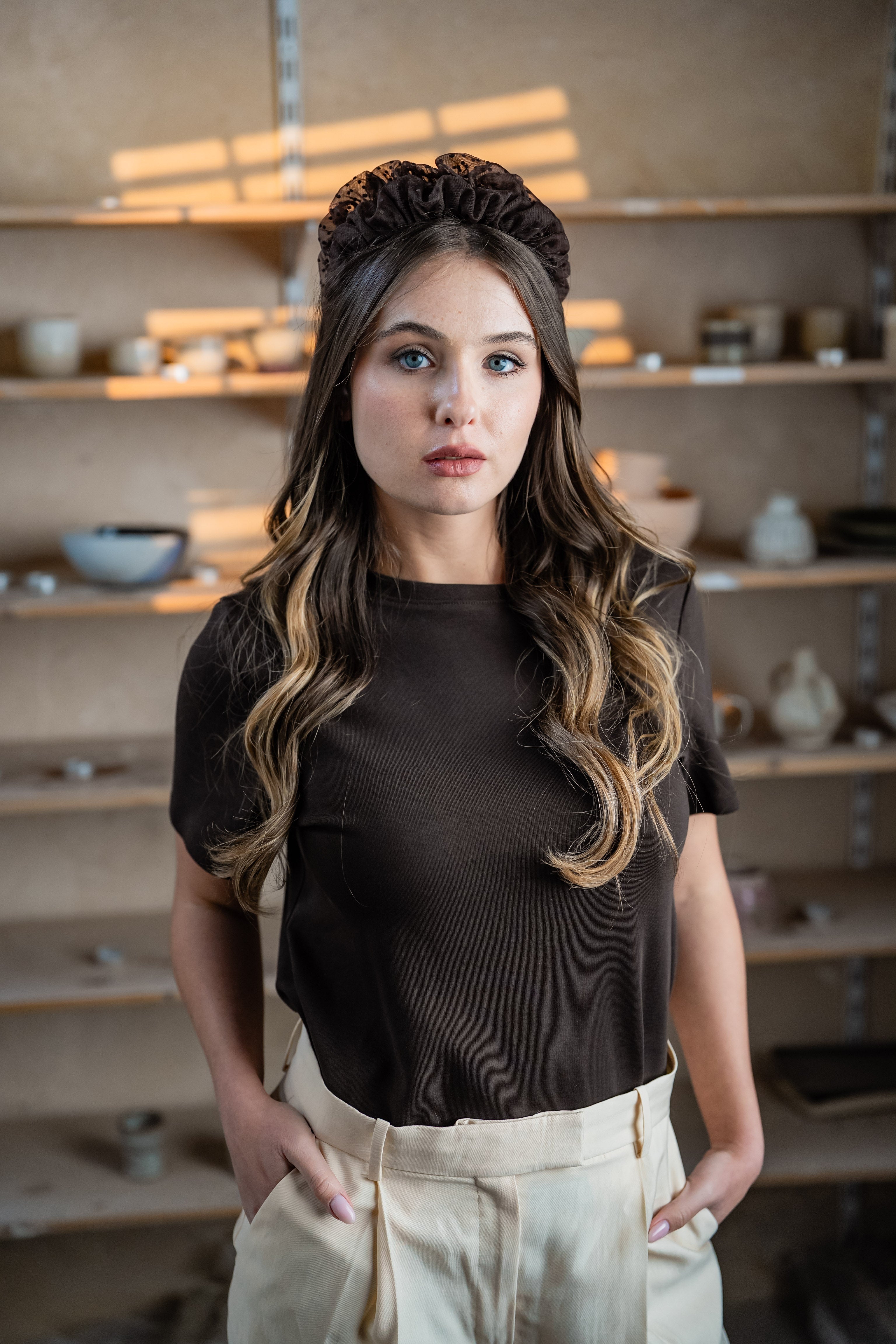 Renee Narrow Brown Polka Dot Headband