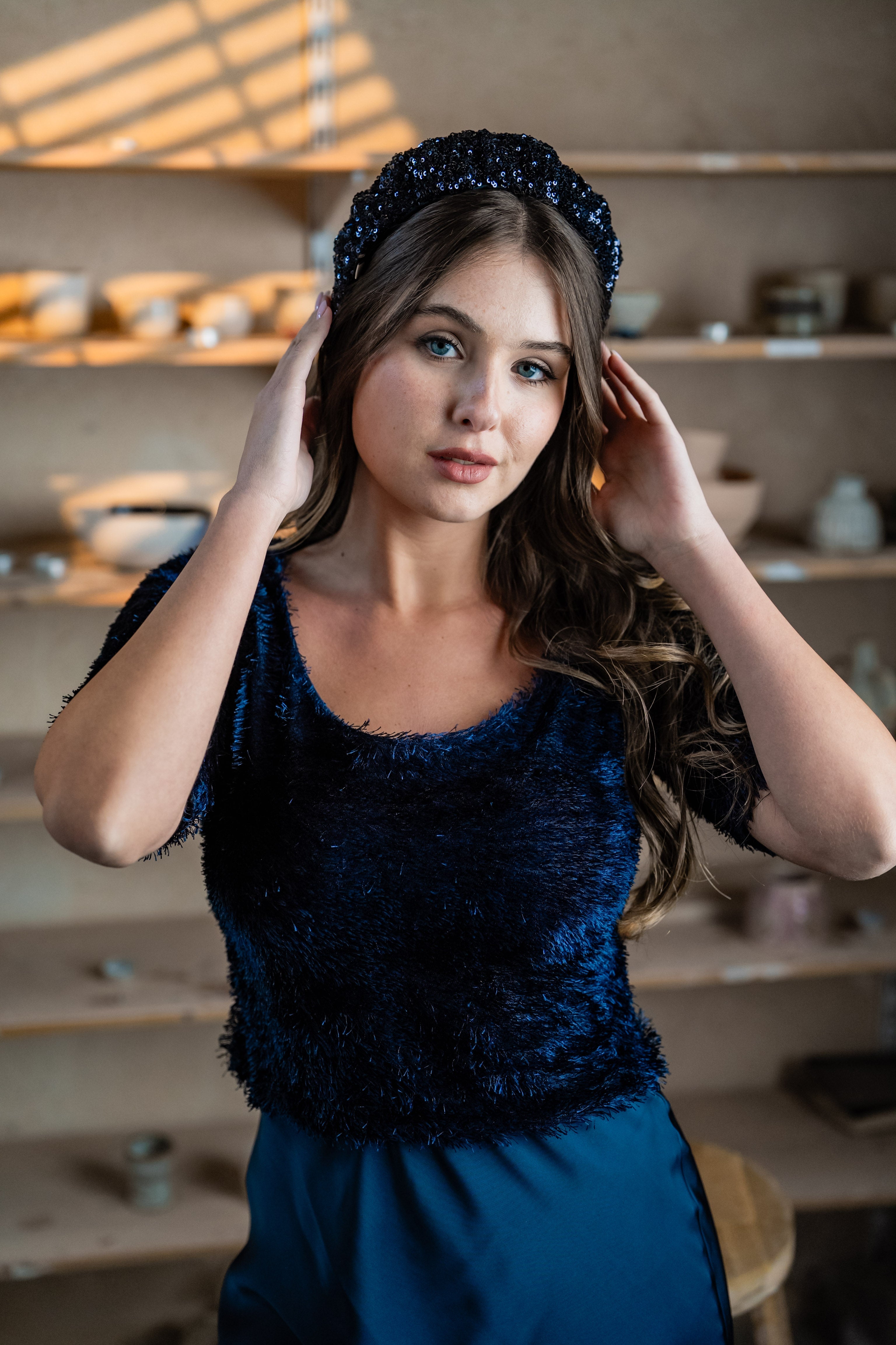 Cassia Wide Blue Sequin Headband