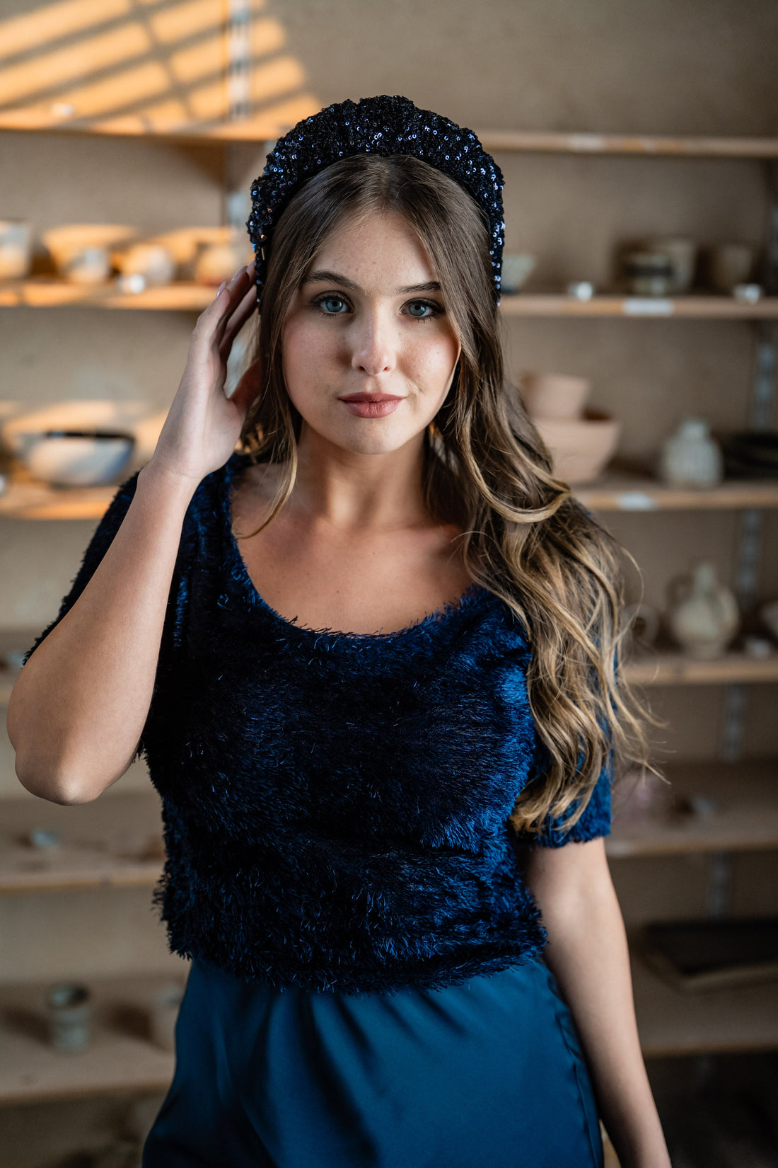 Cassia Wide Blue Sequin Headband