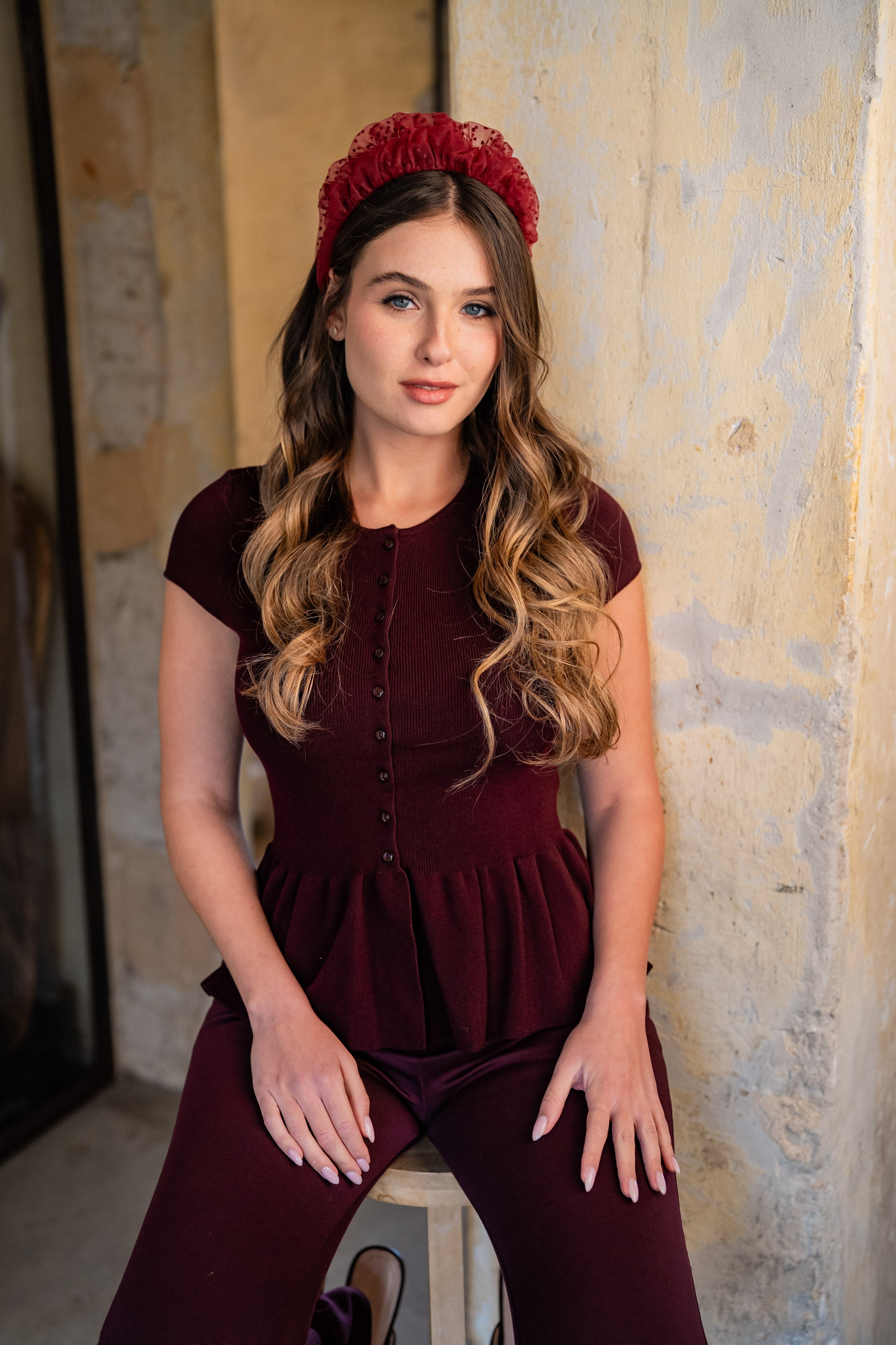 Renee Wide Burgundy Polka Dot Headband