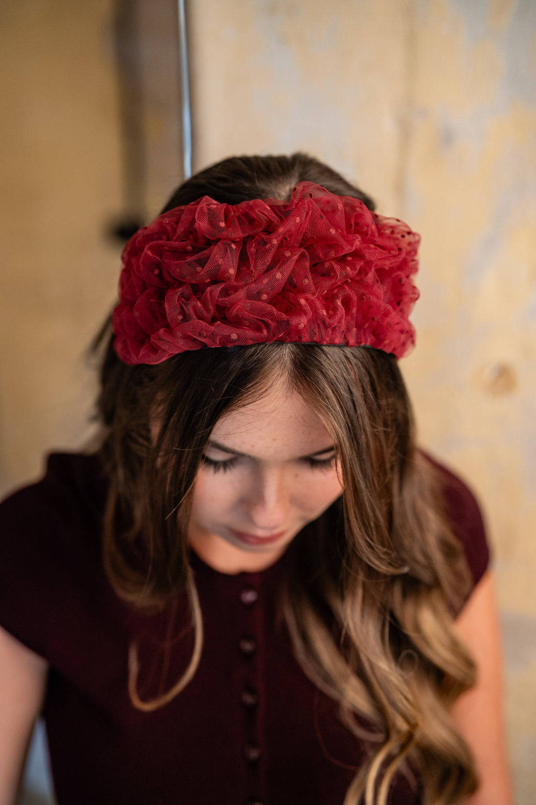 Renee Wide Burgundy Polka Dot Headband