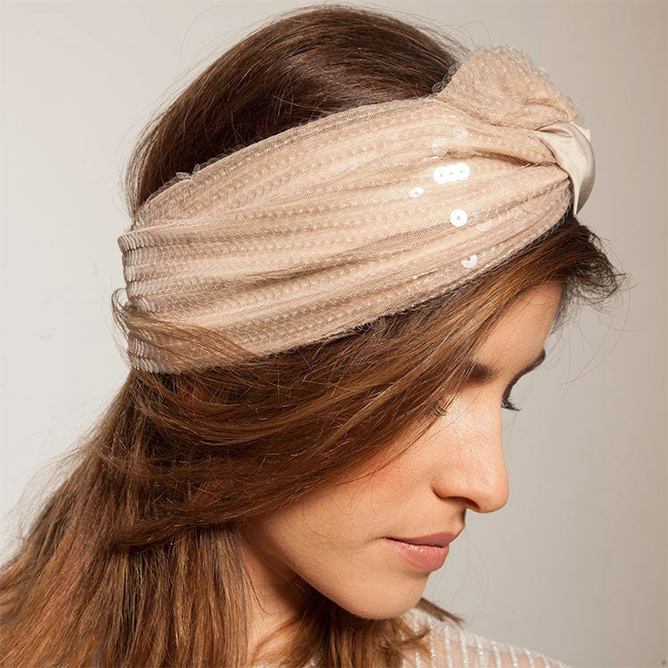 Velcro Lotus Headband, Beige & Gold Sequins