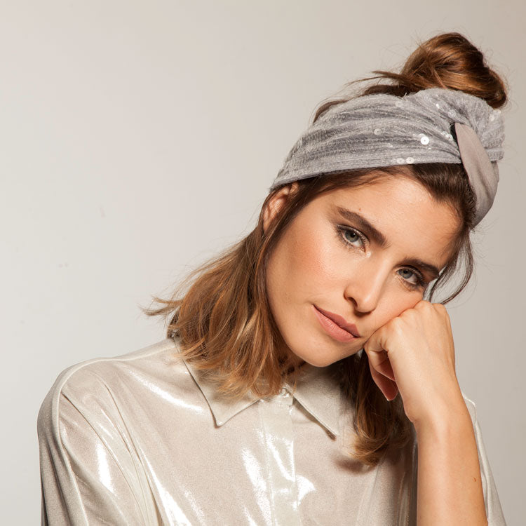 Velcro Lotus Headband, Grey & Silver Sequins