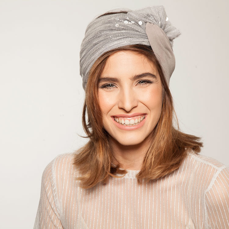 Wide Velcro Lotus Headband, Grey & Silver Sequins