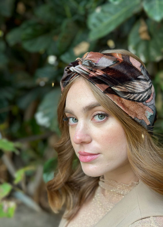 Aisha Full Circle Headband, Pink Patterned Velvet