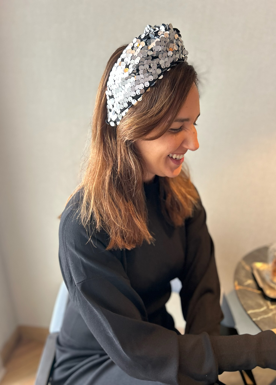 Medium Zoe Headband, Silver Sequins