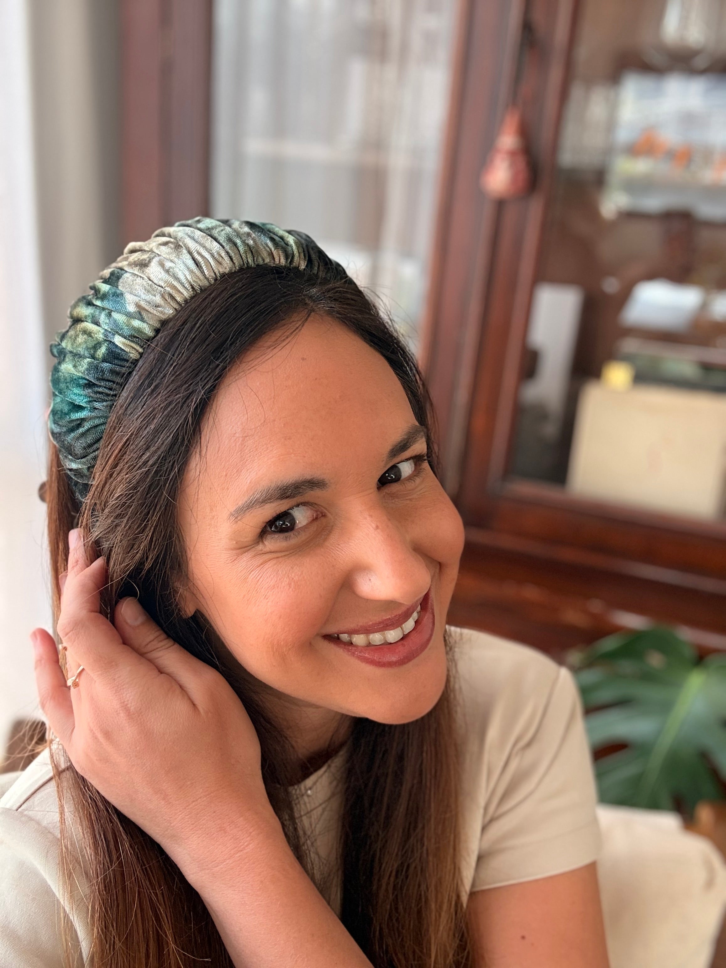 Mila Narrow Velvet Headband, Green Tones