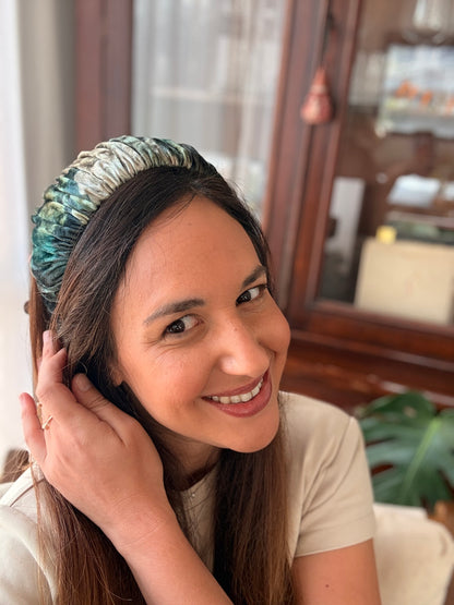 Mila Narrow Velvet Headband, Green Tones