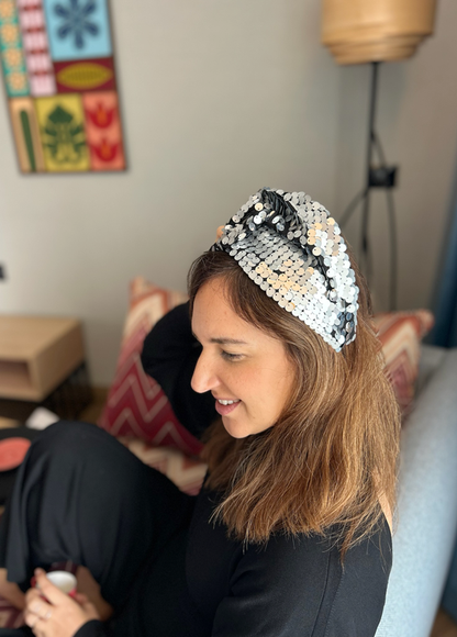 Wide Zoe Headband, Silver Sequins