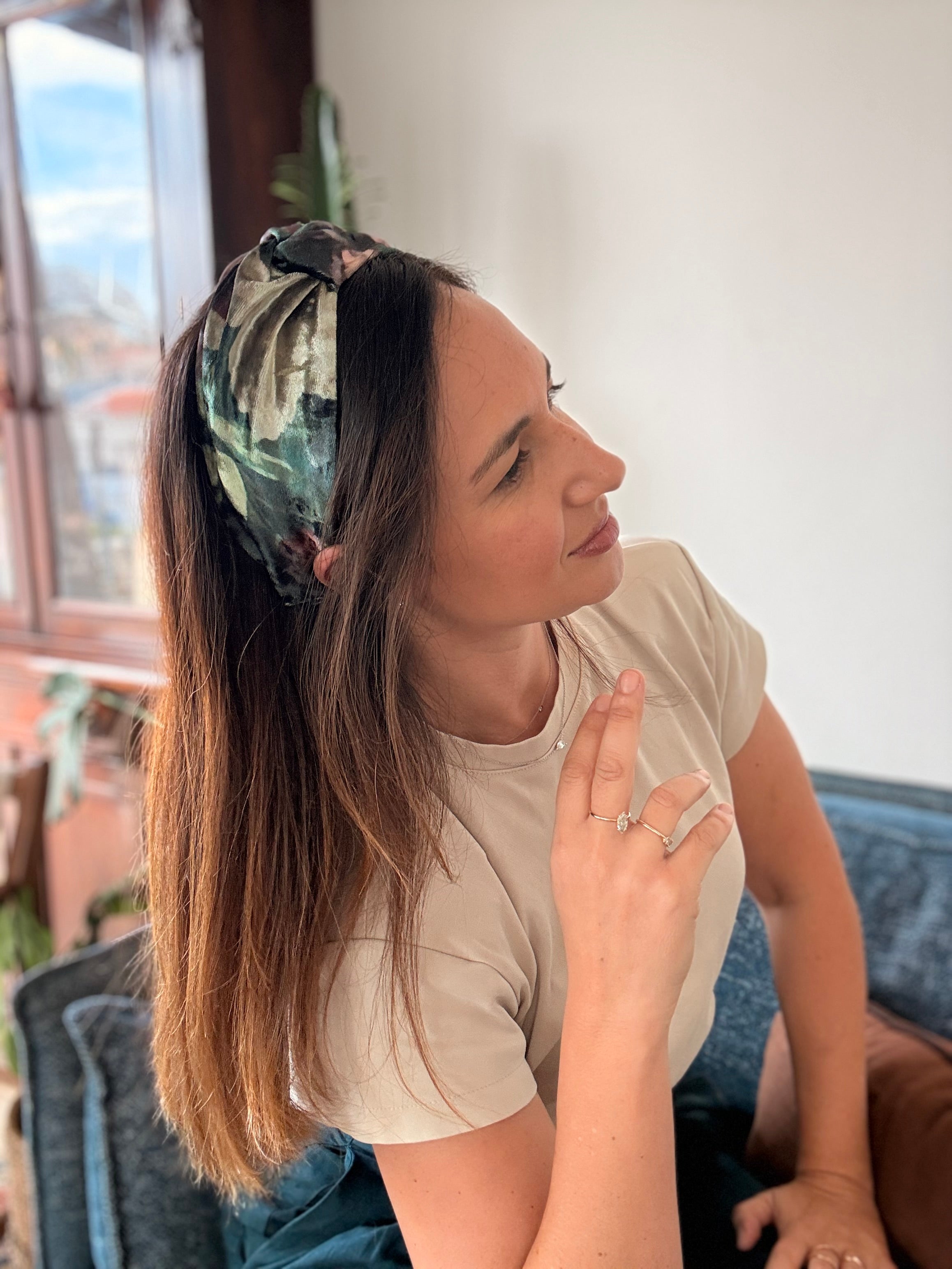 Zoe Velvet Headband, Green Tones