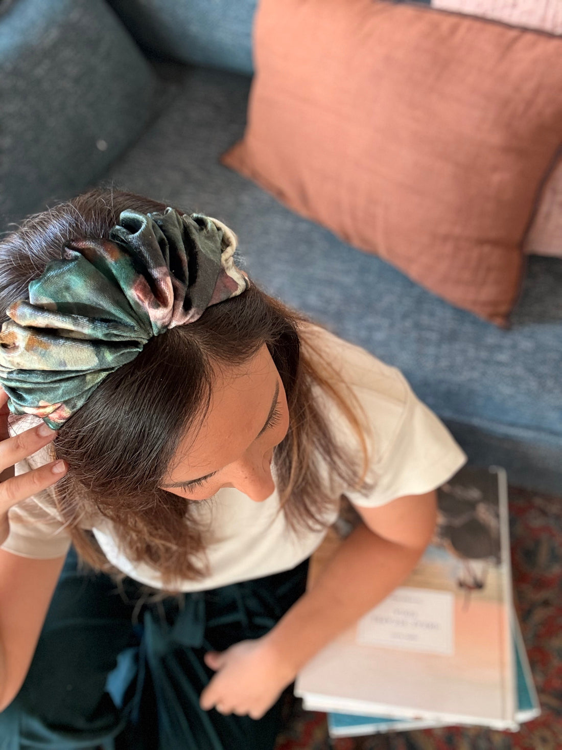 Celine Velvet Headband, Green Tones