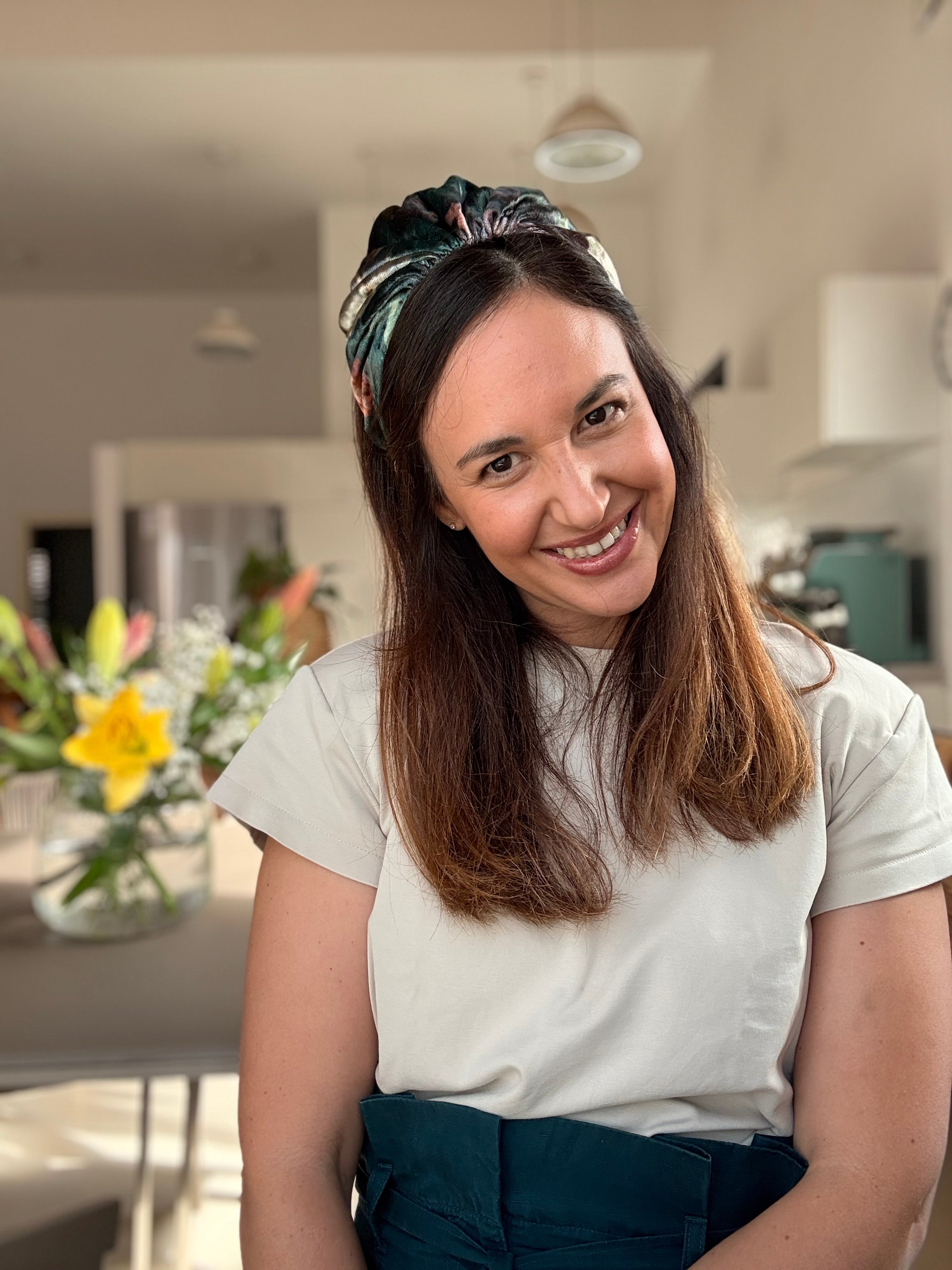 Celine Velvet Tie Headband, Green Tones