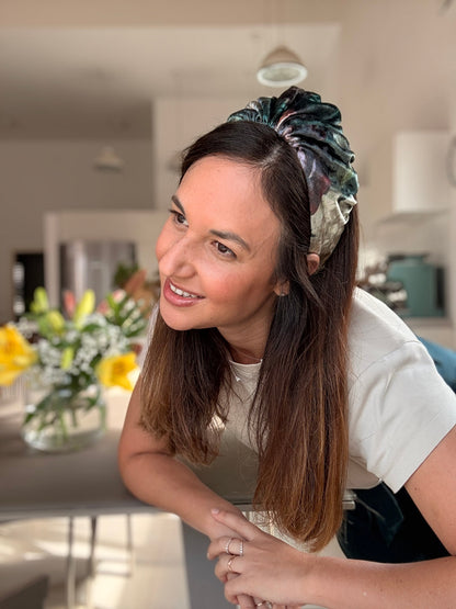 Celine Velvet Tie Headband, Green Tones