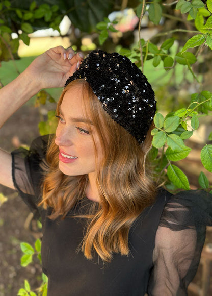 Wide Aisha Headband, Black Sequins