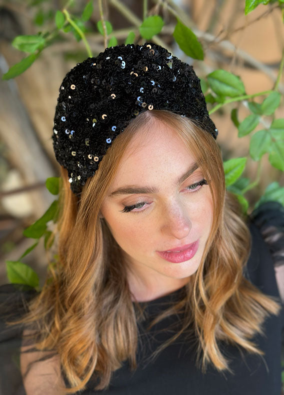 Wide Aisha Headband, Black Sequins