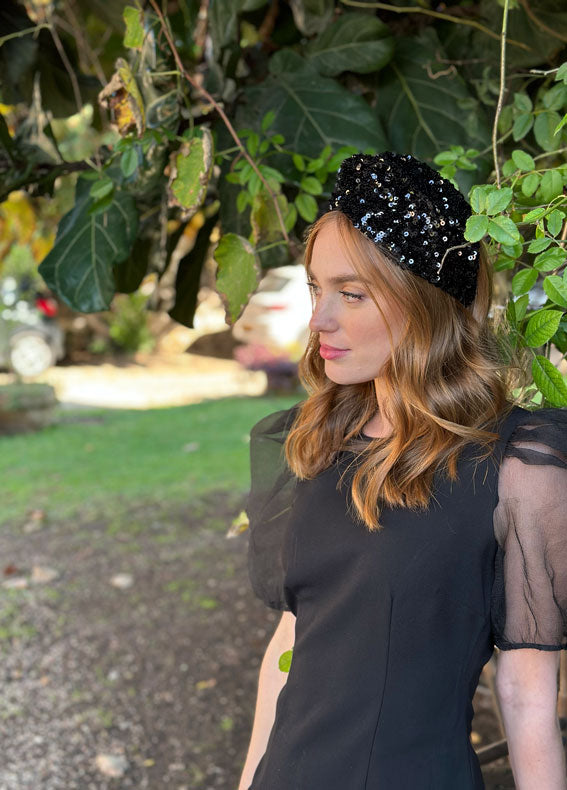 Wide Aisha Headband, Black Sequins