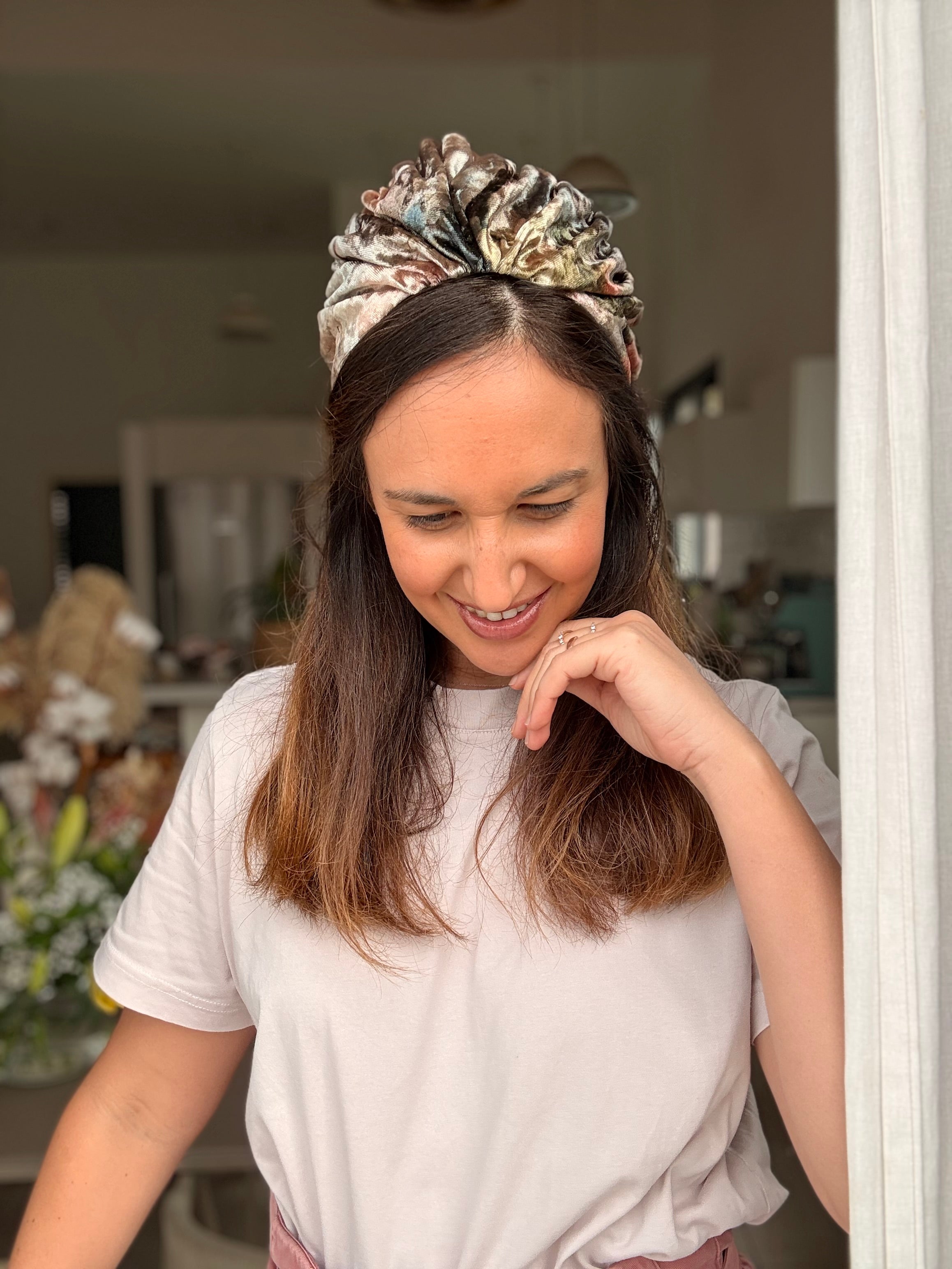 Celine Velvet Tie Headband, Pink Tones