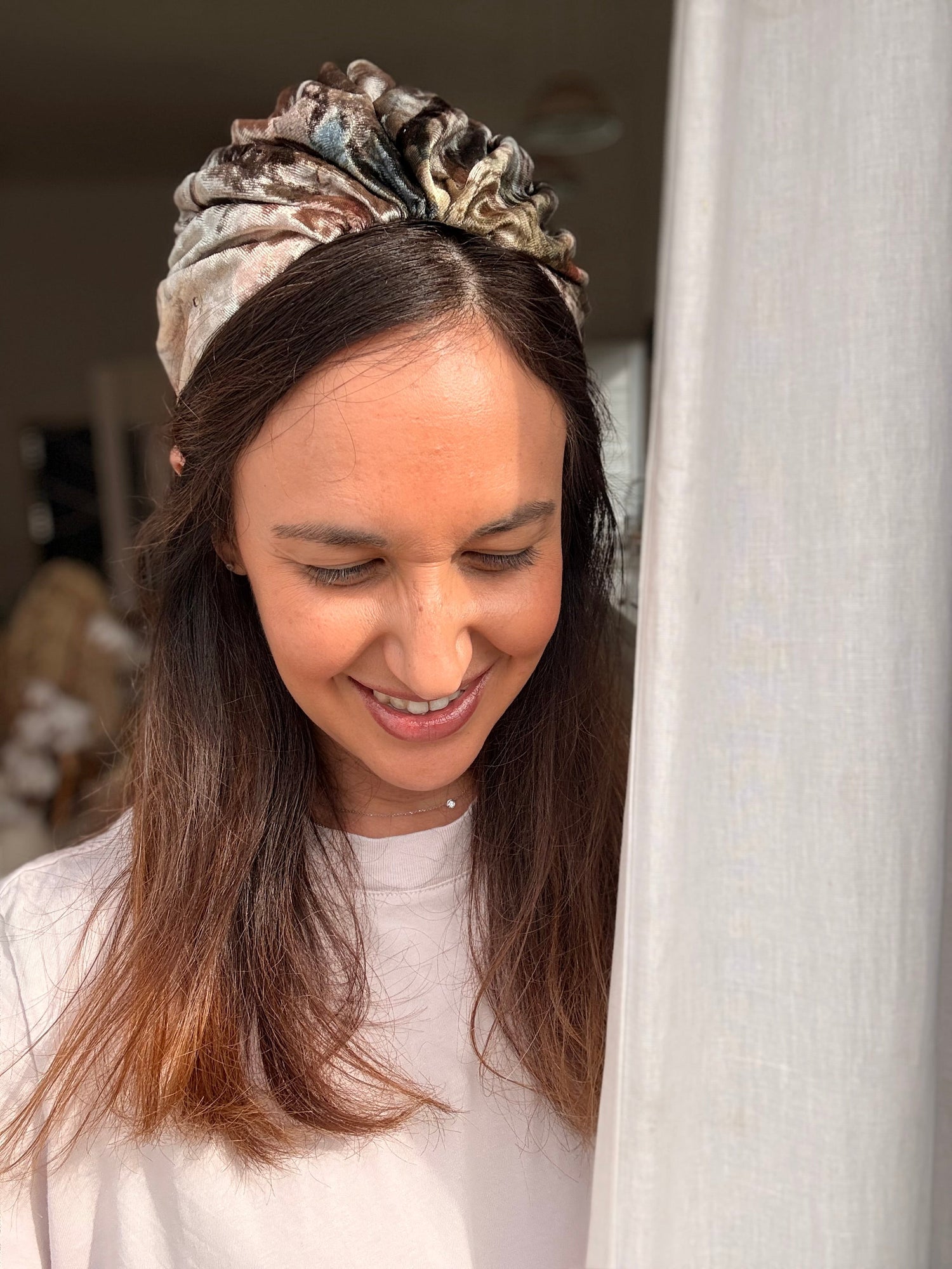 Celine Velvet Tie Headband, Pink Tones