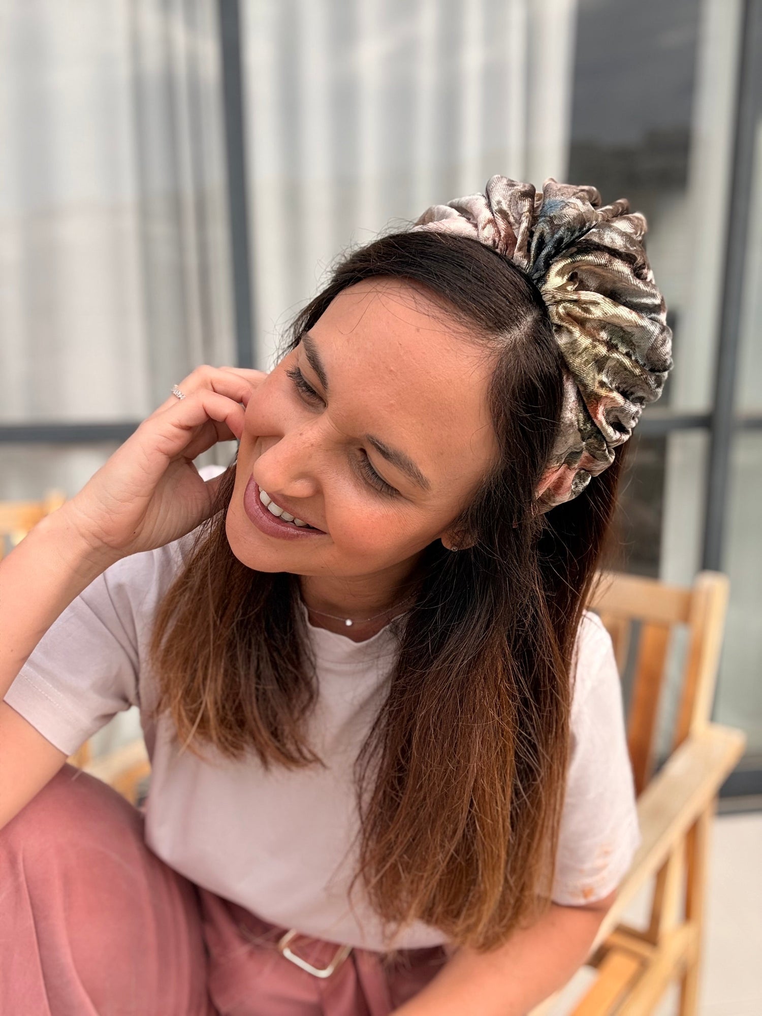 Celine Velvet Tie Headband, Pink Tones