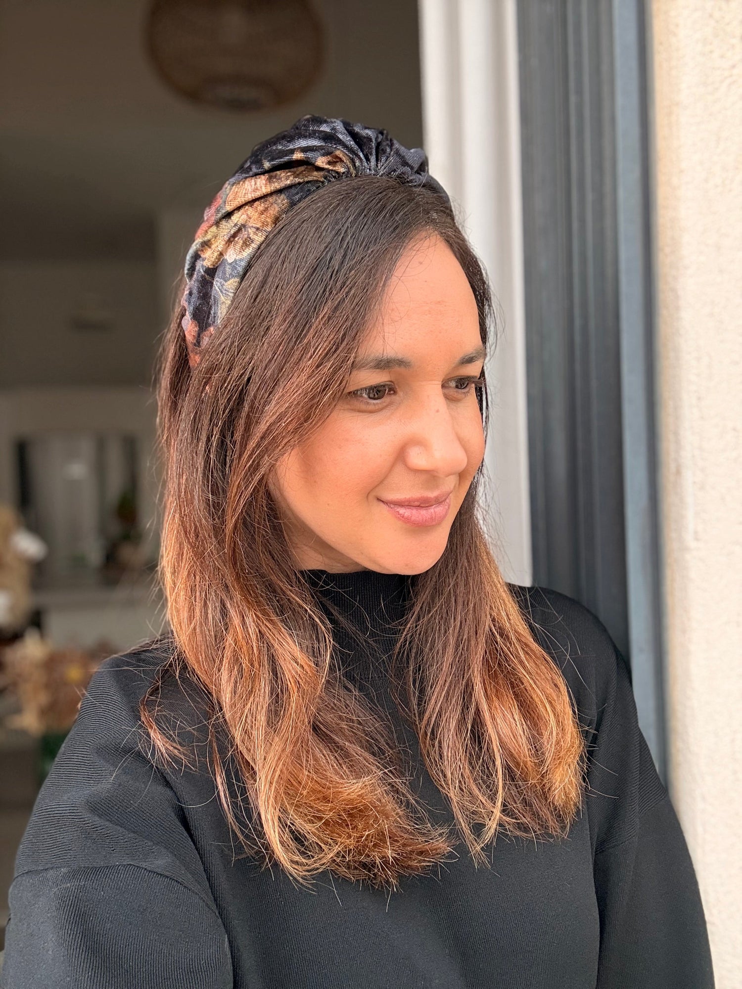 Celine Velvet Tie Headband, Deep Black