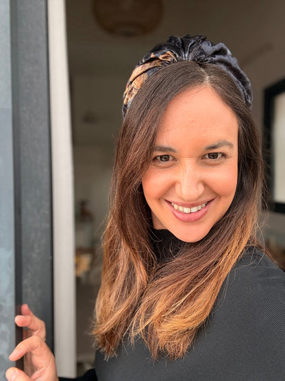 Celine Velvet Tie Headband, Deep Black