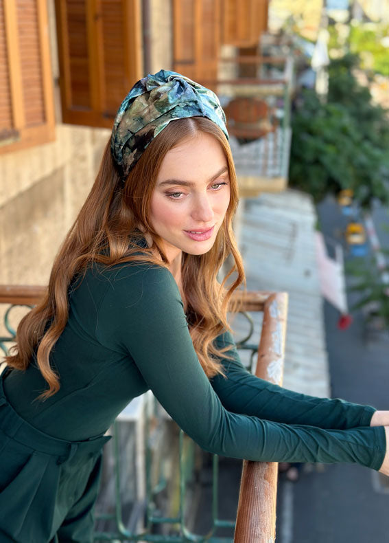 Wide Zoe Headband, Green Patterned