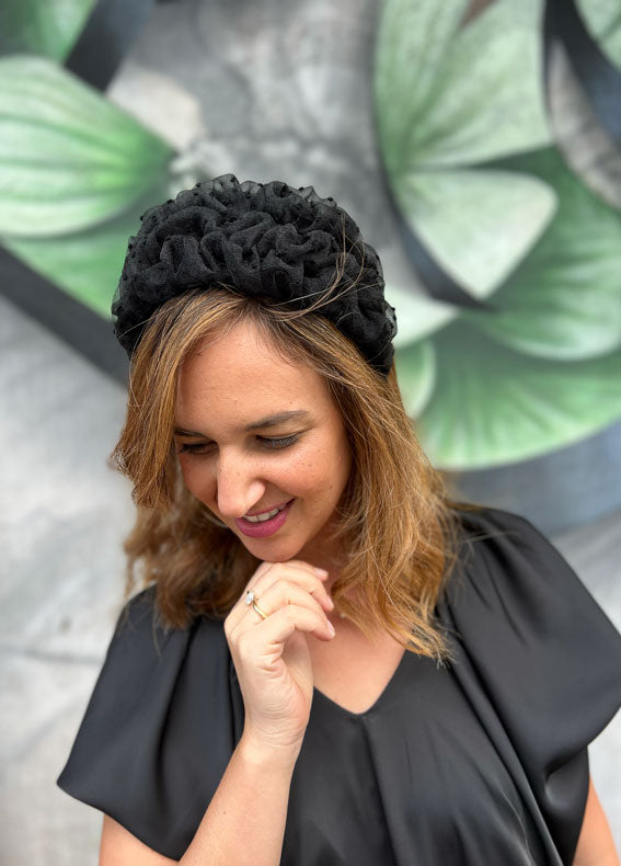 Wide Renee Headband, Black Embroidered Dots